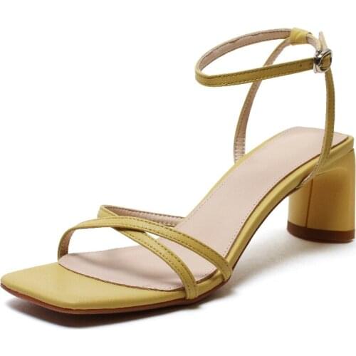2021 New Summer Womens Sandals Med High Heels Sweet Styles Square Heel Shallow Genuine Leather Party Office Shoes