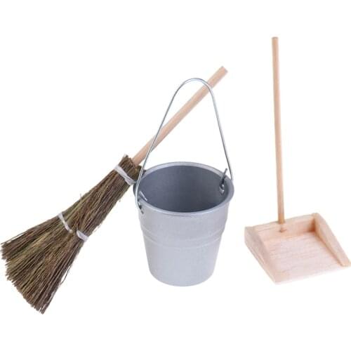 1:12 Doll House Miniature Broom Dustpan/Mop Bucket Set Dollhouse Cleaning Tool Kits Classic Toys Pretend Play Furniture Toys