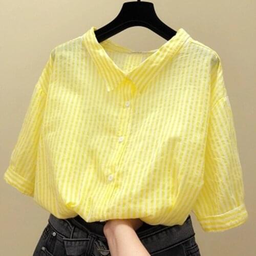 Plus Size Blouse Women 2021 Half Sleeve Striped Print Turn-down Collar Loose Female Tops and Shirt Blouses Blusas 2021 Y951