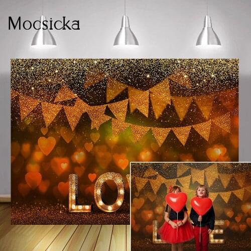 Bokeh Glitter Valentines Day Photography Backdrop Golden Love Heart Portrait Background for Photo Studio Wedding Photocall