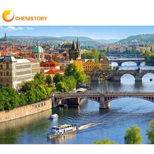 CHENISTORY Ship Sail In River Landscape Painting By Numbers HandPainted Diy Framed On Canvas Oil Picture By Number Home Decor