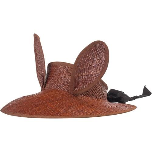Childrens bowknot decorated rabbit ears elastic belt empty top raffia straw hat women spring summer outing sunshade straw hat