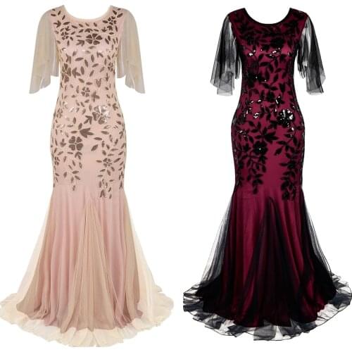 O-neck Short-Sleeve Tulle Embroider Evening Dress Elegant Mermaid Vintage 1920s Party Dress Great Gatsby Sequin Dress Long