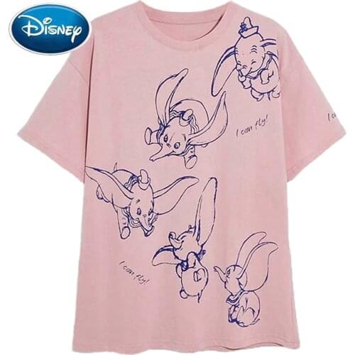 Disney T-Shirt Cute Dumbo Elephant Sketch Cartoon Print Short Sleeve O-Neck Harajuku Women Cotton Korea Pink Female Tee Tops