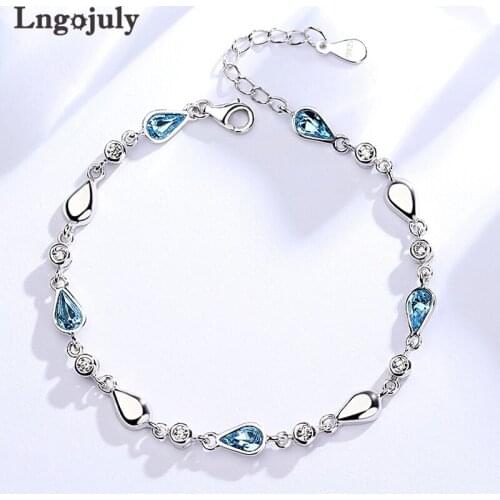 Fine Jewelry Bracelet 925 Sterling Silver Bracelets Rhinestone Blue Water Droplets Zircon Jewelry Charm Bracelets For Women Girl