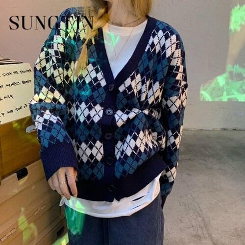 Sungtin Vintage Argyle Casual Knitted Cardigan Women V Neck Loose Sweater Coat Elegant Plaid Solid Jumper Outerwear Korean Chic