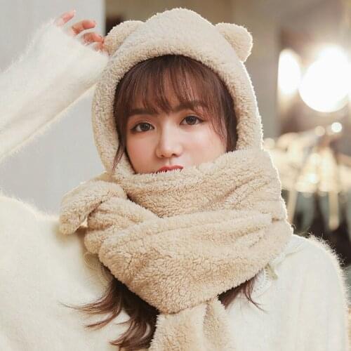 Korean Pop Women Winter Novelty Hats Warm Cute Bear Ear Windproof Neckerchief Thick Warm Female Outdoor Solid Fleece Cap Scarf