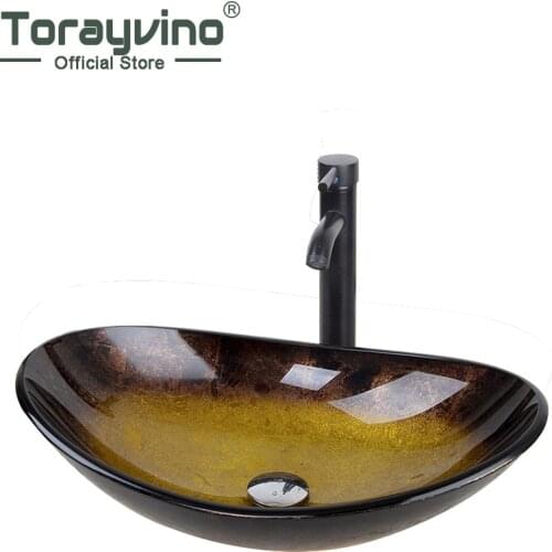 Bathroom Washbasin Countertop Tempered Glass Basin Sink Faucet Set Brass Waterfall Faucet Washroom Vessel Vanity Bar Ship