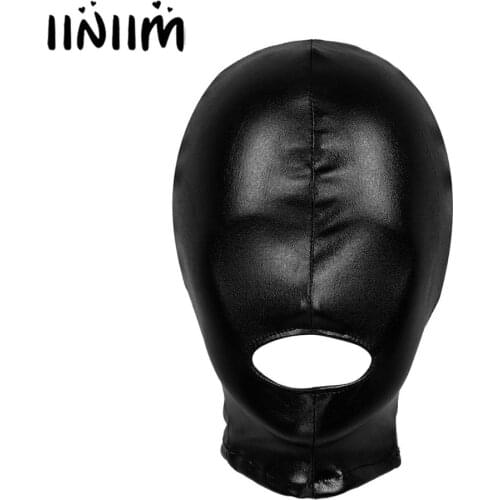 Iiniim Men Women Latex Shiny Metallic Open Mouth Hole Headgear Full Face Mask Hood for Role Play Masquerade Costume Clubwear