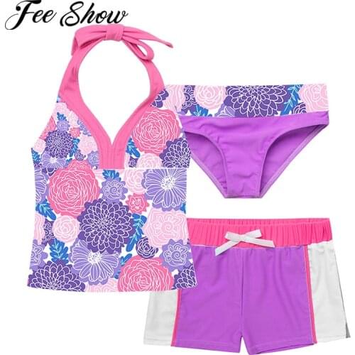 Summer Swimsuit for Teen Girls Swim Outfit Bikini Set Beach Swimwear Halter Neck Swimming Top Shorts with Briefs Kids Swimsuits