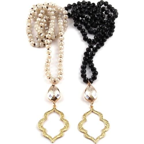 Fashion Bohemian Tribal Jewelry Glass Crystal long Knotted Drop Crystal Link Lip Necklace