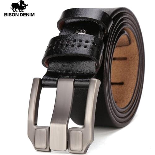 BISON DENIM Mens Leather Belts For Men Vintage Pin Buckle Waistband Strap Jeans Belt For Male Cowhide Belt N71018
