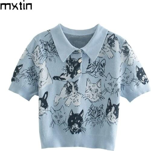 MXTIN 2021 Women Summer Vintage Animal Print Knitted Cropped POLO Shirt Fashion Lapel Collar Short Sleeve Casual Slim Chic Tops