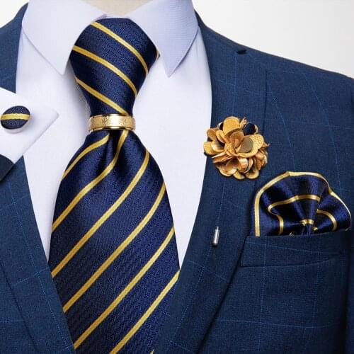 New Design Fashion Men Navy Gold Striped Silk Ties Brooch Hanky Cufflinks Tie Ring Set Wedding Tie Formal Dress Cravat DiBanGu
