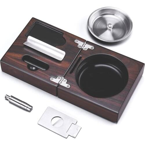 Retro Cigar Ashtray Portable Folding Wood Ashtray with Cutter and Punch Compact Stainless Steel Set