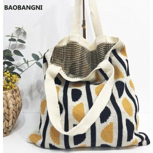 Female Casual Crochet Top-handle Tote Bag Women Teenager Korean Fashion Retro Leisure Soft Knitting Shopping Shopper Handbag