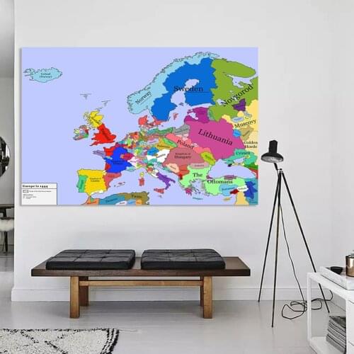 225*150 cm The Europe Vintage Map In 1444 Large Poster Retro Non-woven Canvas Painting School Supplies Home Decoration