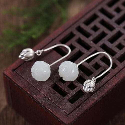 Lotus Mud Tang S925 Sterling Silver Vintage Ethnic Earrings Natural Hetian Jade White Jade with Hanfu Lotus Earrings Earrings