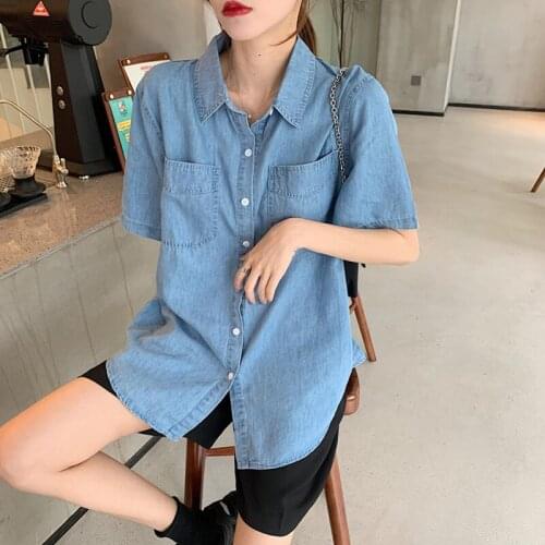 Chic Denim Shirts Women Korean Fashion Streetwear Lapel Solid Loose Jean Blouses Outwear Vintage Crop Tops Femme Clothing Blusas