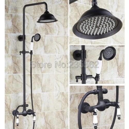 Black Oil Rubbed Bronze Bathroom Rain Shower Faucet Set Cold and Hot Water Mixer Tap Wall Mounted + Handheld Shower Heads lrs511