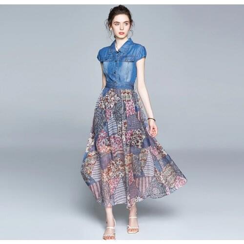 SMTHMA 2021 New Fashion Women Summer Elegant Denim Dress High Quality Vintage Chiffon Print Designer Runway Dresses Vestidos