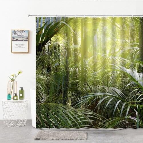 Modern 3D Printing Forest Shower Curtain Green Plant Tree Landscape Home Bathroom Decor Curtain With Hook Bathroom Scenery