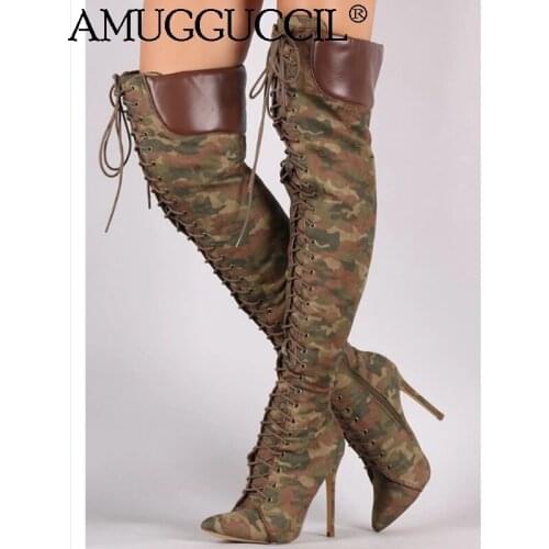 2021 Plus Big Size 36-47 Camouflage Zip Lace Up Fashion Sexy Thigh High Heel Over The Knee Autumn Winter Lady Women Boot X2008