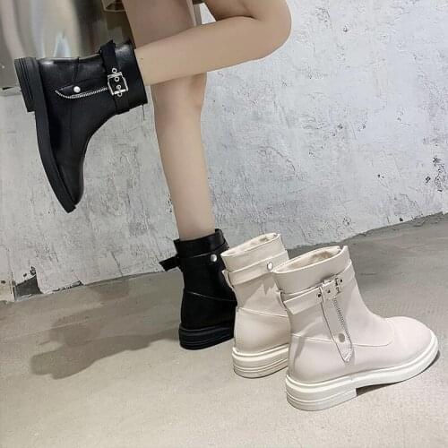 Womens Leather Shoes Off White , Black Winter boots Rubber sole Heel Ankle Military Flat Cowboy Motorcycle zipper Boots