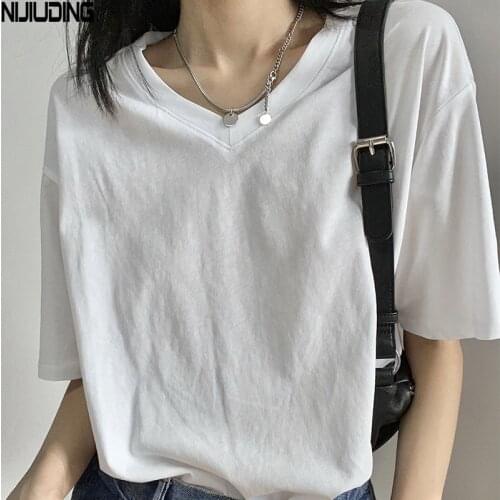 Summer Short Sleeve White T-shirts For Women Elegant V-Neck Pullver Tops Female Casual Loose T Shirts 2021 New Dropshipping