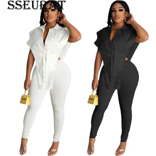 SSEURAT Women Set Solid Short Sleeve Turn-down Collar Single Breasted Tops Pants Suit Casual Fashion Streetwear Summer Outfit