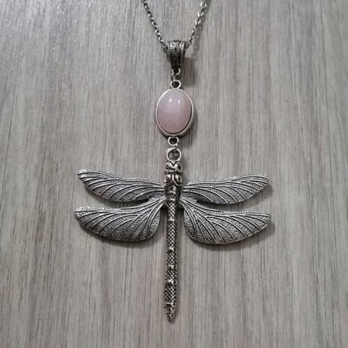New Large Dragonfly Pendant Long Chain Necklace Boho Long Necklace Pink Natural Crystal Quartz Necklaces for Women