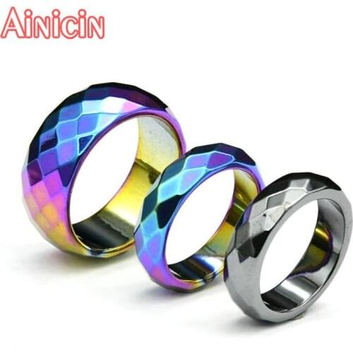 1pc High Quality Rainbow Color Titanium Plating Natural Hematite Faceted Rings 6mm 10mm Wide For Men and Women Jewelry