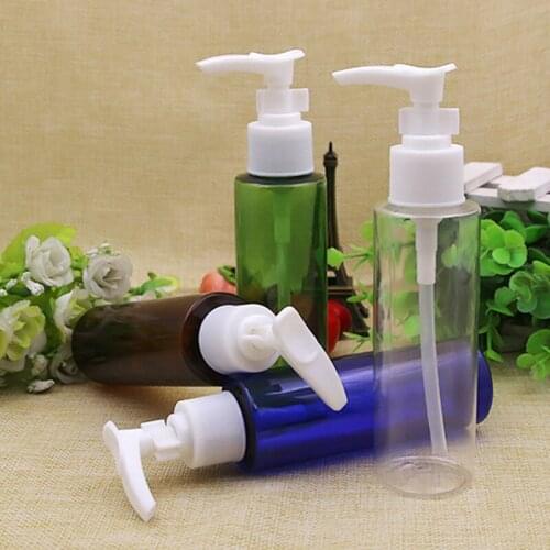 50pcs 100ml Clear green blue brown Empty Travel PET pump bottle Cleansing Oil flat bottles, plastic Shower Gel lotion bottles