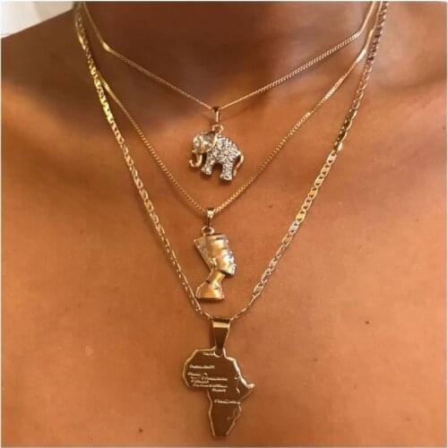 African Map Elephant Egyptian Pharaoh Necklace For Women Men Gold Color Bohe Jewelry Summer Beach Party Jewerly Ethnic Gift