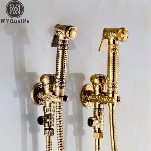Antique Brass Golden Bidet Faucet Single Handle Wall Mounted Brass Bidet Taps, Hand Held Bidet Shower Sprayer, toilet Faucet