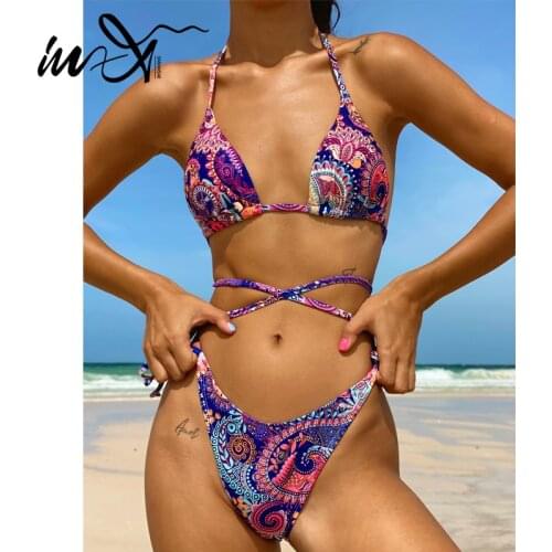 In-X Bandage bikini set Halter triangle swimsuit womens swimming suit Print swimwear female 2021 High cut bathing suit biquini
