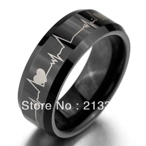 FREE SHIPPING!USA WHOLESALES CHEAP PRICE BRAZIL RUSSIA CANADA UK HOT SELLING 8MM BEVELED BLACK HEART-BEAT TUNGSTEN WEDDING RING