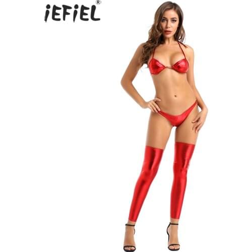 Womens Ladies Lingerie Set Pole Exotic Costumes Apparel Clubwear Shiny Metallic Patent Leather Bikini Bra Briefs with Leg Sleeve
