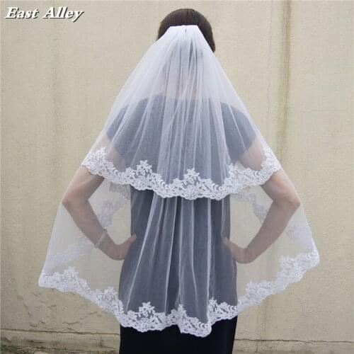 Bridal Illusion with Lace 2 Tier Fingertip Length Wedding Veil Bridal Accessories Veils White, Ivory Available