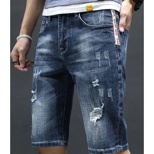 Summer Thin Stretch Denim Shorts Mens Slim Straight Youth 5-point Middle Boy Pants Casual Breeches Jeans Джинсы Штаны Genuine