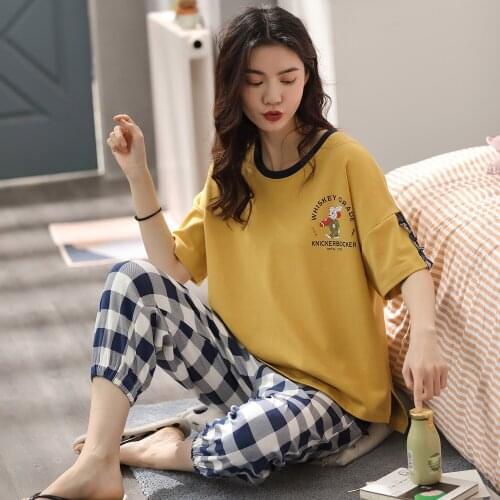 Summer Ladies Cotton and Linen Short Sleeve Cropped Pants Pajamas Suit Womens Comfortable Pink Plus Size Casual Home Service