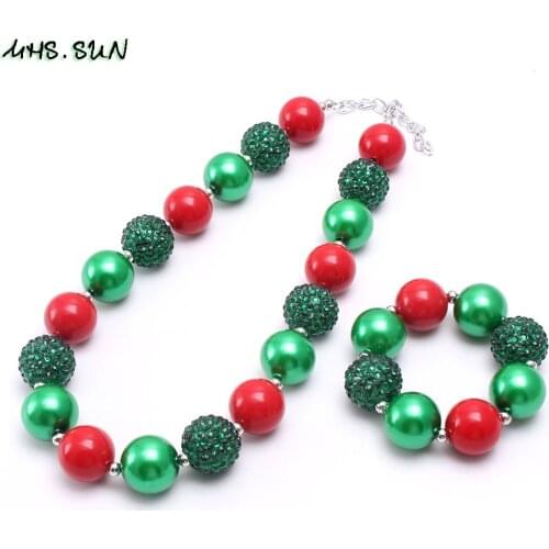 MHS.SUN Green Red Beads Statement Chunky Bubblegum Necklace Imitation Pearls Necklace Bracelets Gift Kids Chrismtas Jewelry 1PC