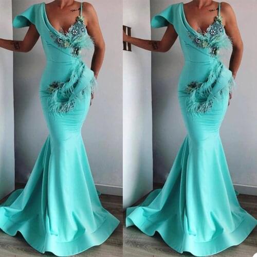 Fashion Mermaid Evening Dresses Sexy One Shoulder Appliques Feather Special Occasion Gowns Custom Made Sweep Train Prom Dress