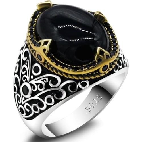 New Mens Grapevine Ring 925 Sterling Silver Natural Agate Punk Anchor Ring Retro Antique Turkish Handmade Jewelry Husband Gift