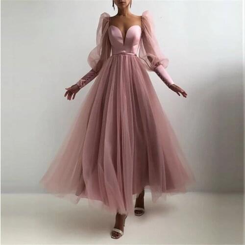 MYYBLE 2021 Simple Elegant Dusty Pink Evening Gown Long Sleeves Robe De Soiree Formal Party Dresses A Line Evening Dress