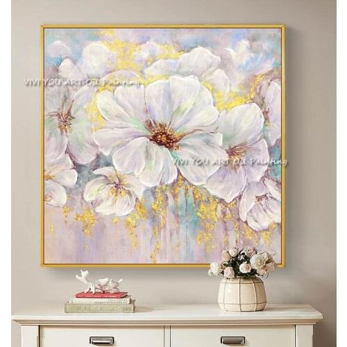 Pink Flower Wall Art Hand Painted Modern Abstract Oil Painting On Canvas For Living Room Home Decor No Frame Gold Foil Texture