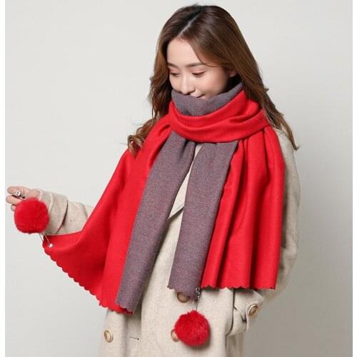 350g new winter women scarf fashion solid double-side soft cashmere scarves shawl and wraps bandana female foulard fur ball