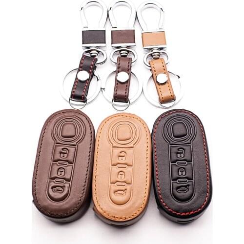 1 pcs New Genuine Leather Key Case Cover For Fiat 500 3 Buttons Flip Remote Key Blank Fob remote Car Auto Parts Accessories