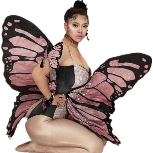 Novelty Pink Butterfly Wings Jumpsuits Women Stage Performance Costume Party Cosplay Masquerade Costume Bodysuits