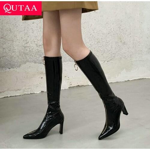QUTAA 2022 Soft PU Leather Slip On Knee High Boot Casual Pointed Toe Autumn Winter Women Shoes Square Heel Long Boots Size 34-39